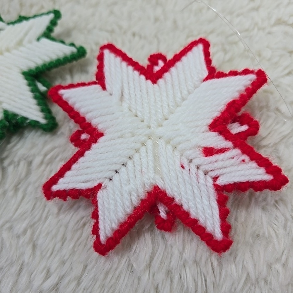 Vintage Handmade Needlepoint Star Christmas Ornament (2) Needlecraft Red & Green - Picture 5 of 6